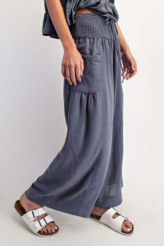 Blue Smocked Waist Wide Leg Pant | Brittany Cotierra