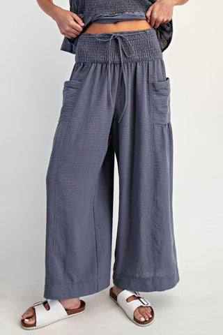 Blue Smocked Waist Wide Leg Pant | Brittany Cotierra