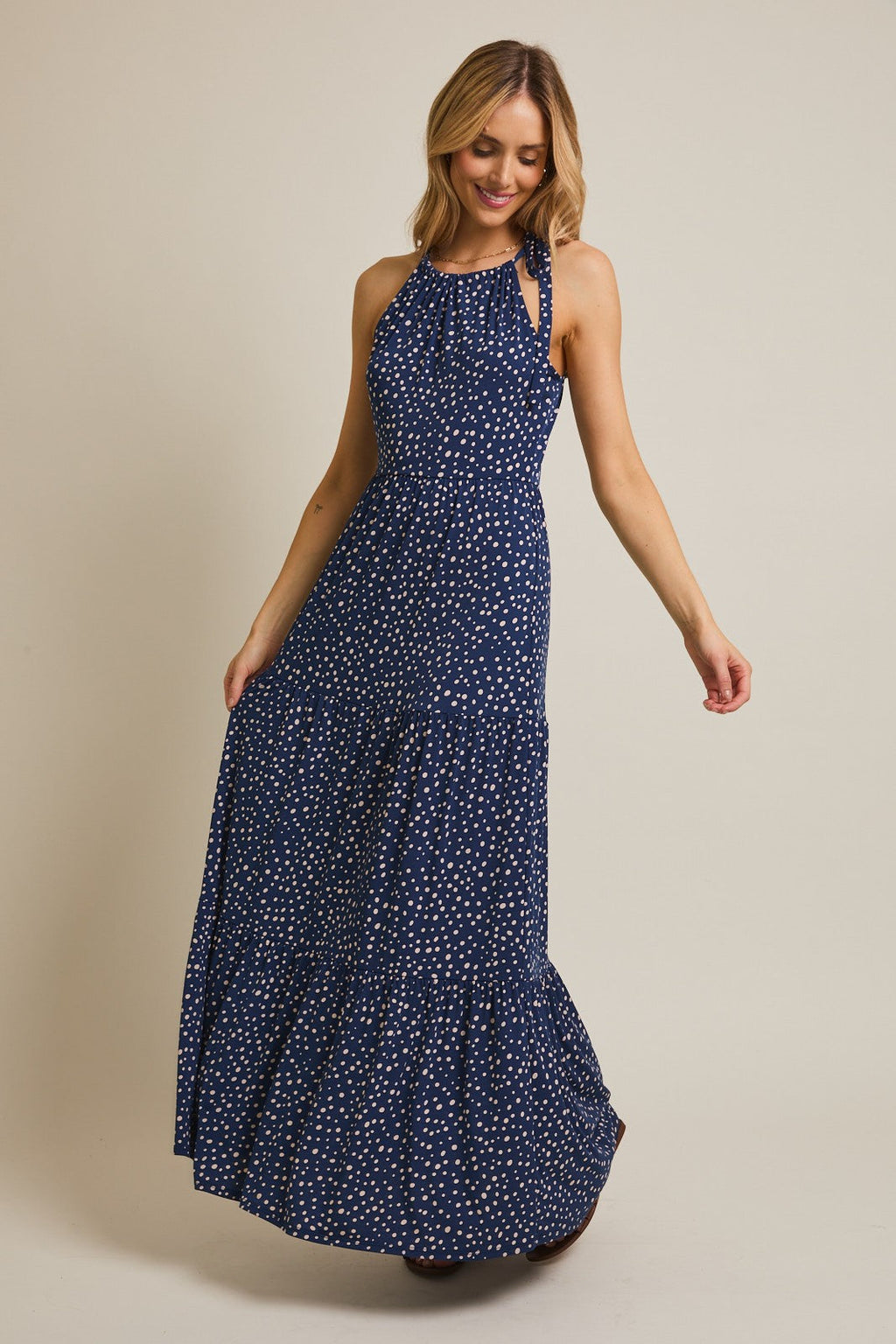Blue and Ivory Polka Dot Detail Maxi Dress | Dylan Medium