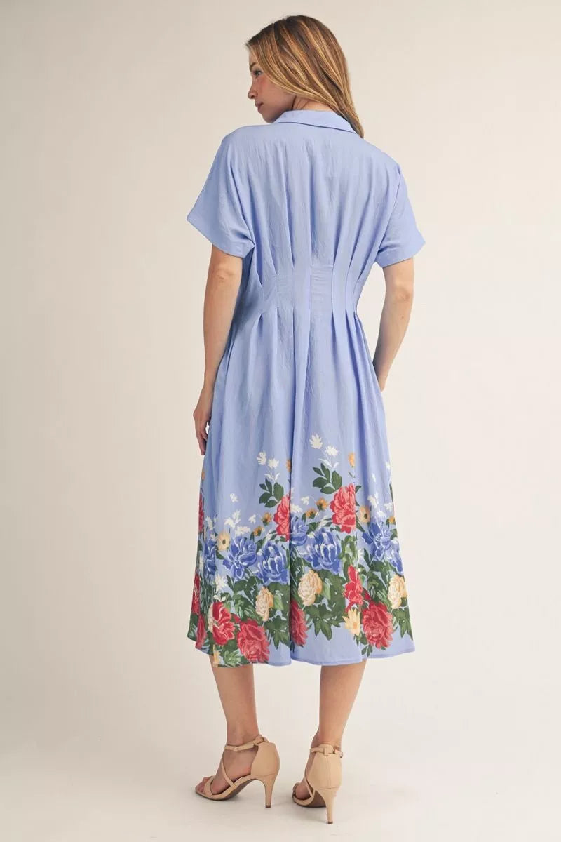Floral Pintuck Waist Button-Down Midi Dress | Celeste Jodifl