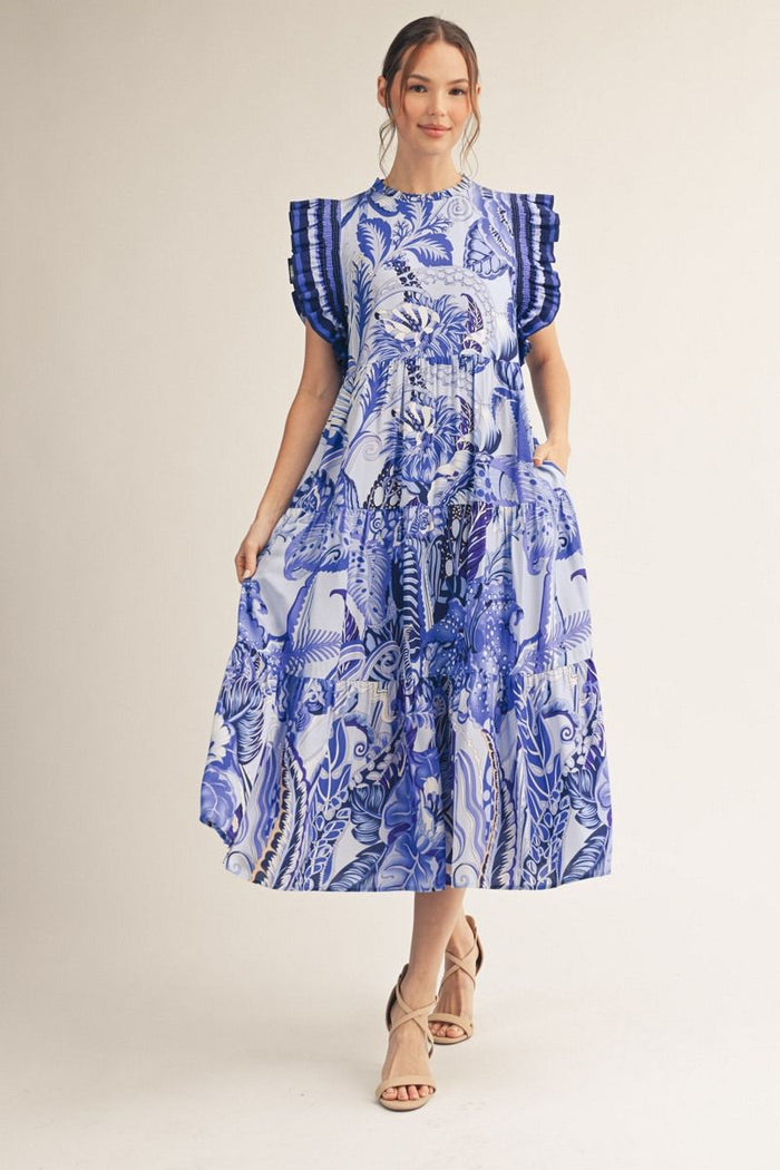 Tropical Blue Ruffle Tiered Midi Dress | Serena Jodifl