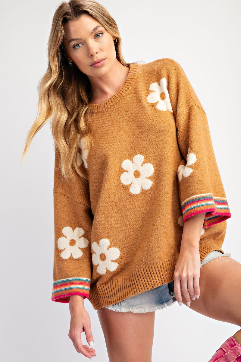 Camel Floral Print 3/4 Sleeve Sweater | Boutique Elise | Andy Easel