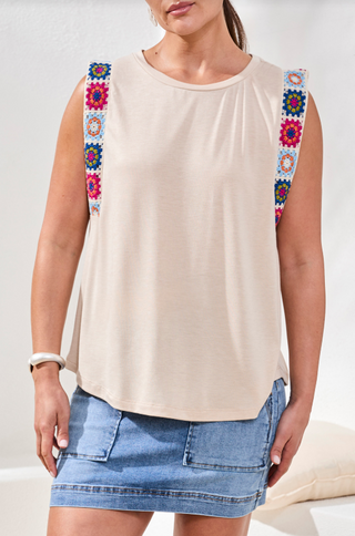 Oatmeal and Colorful Crochet Detail Tank Top | Tribal Clothing tribal clothing