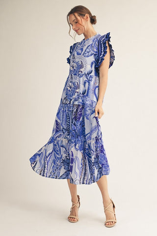 Tropical Blue Ruffle Tiered Midi Dress | Serena Jodifl