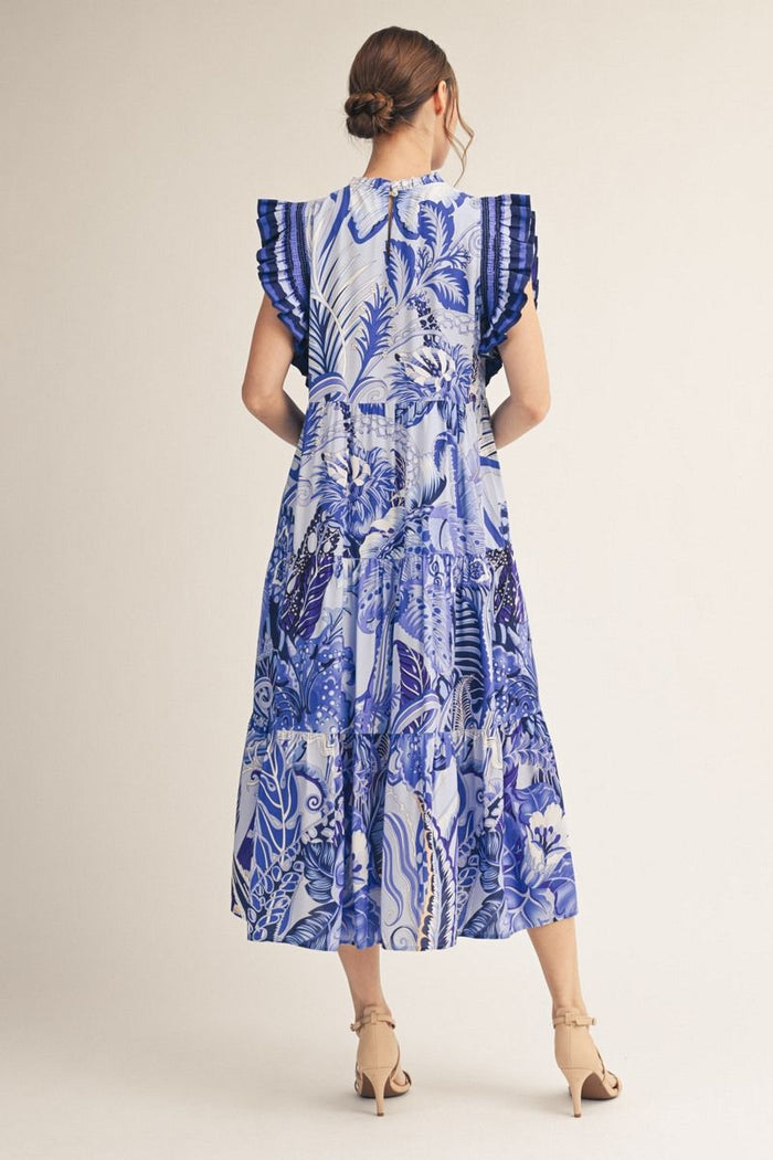 Tropical Blue Ruffle Tiered Midi Dress | Serena Jodifl