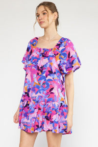 bright pink and purple floral print dress
