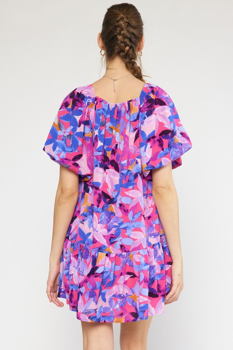 bright pink and purple floral print dress