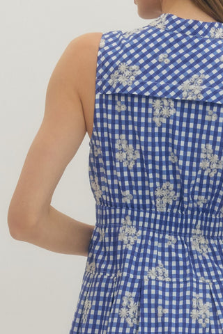 Blue Gingham and Floral Embroidery Dress | Ellie Entro