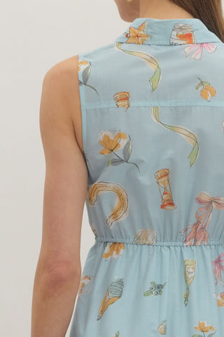 Whimsical Cotton Novelty Print Sleeveless Midi Dress | Seaside Serenade Entro