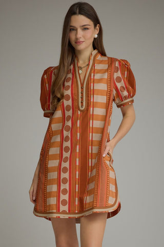 Orange Red and Tan Modern Print Dress | Millie Entro