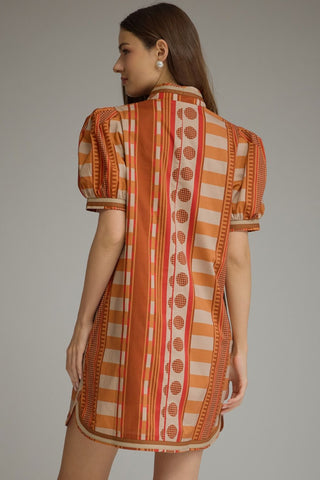 Orange Red and Tan Modern Print Dress | Millie Entro