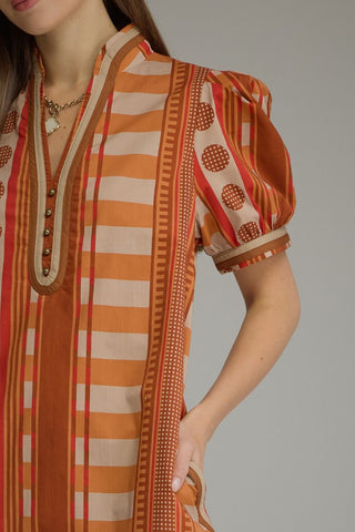 Orange Red and Tan Modern Print Dress | Millie Entro