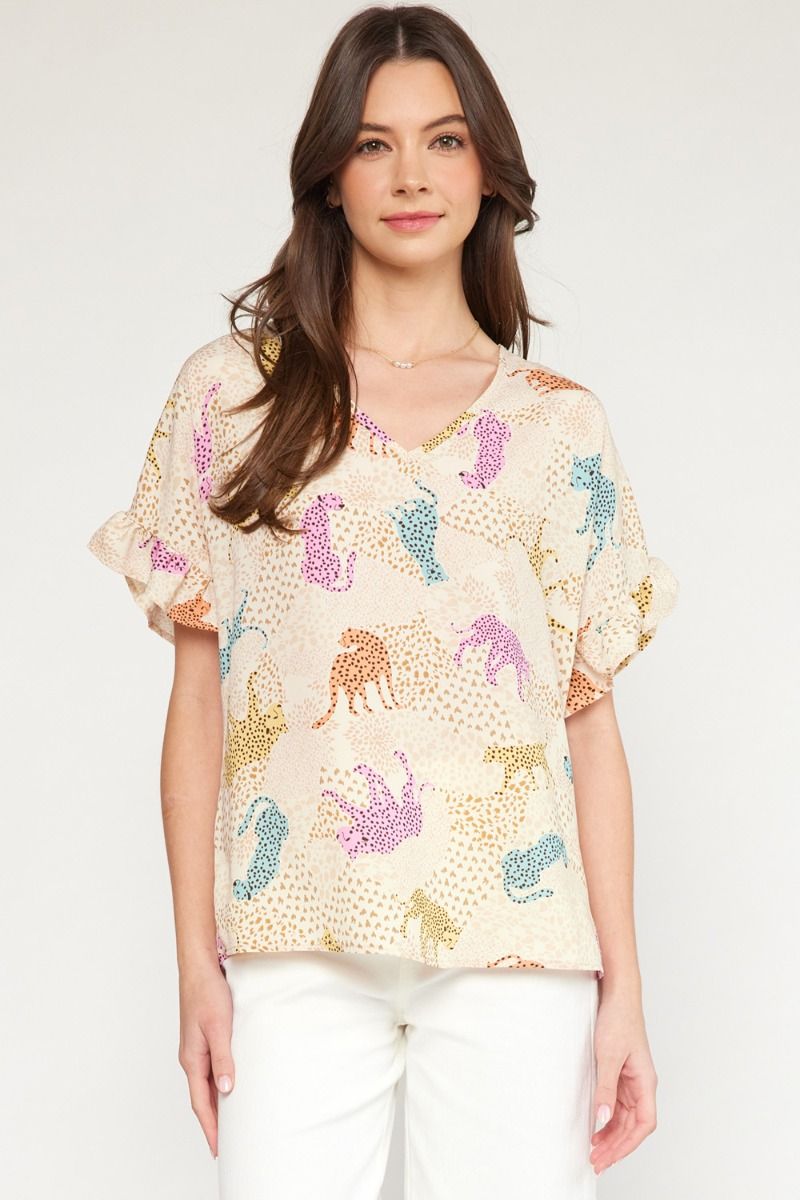 cream cheetah print short sleeve top