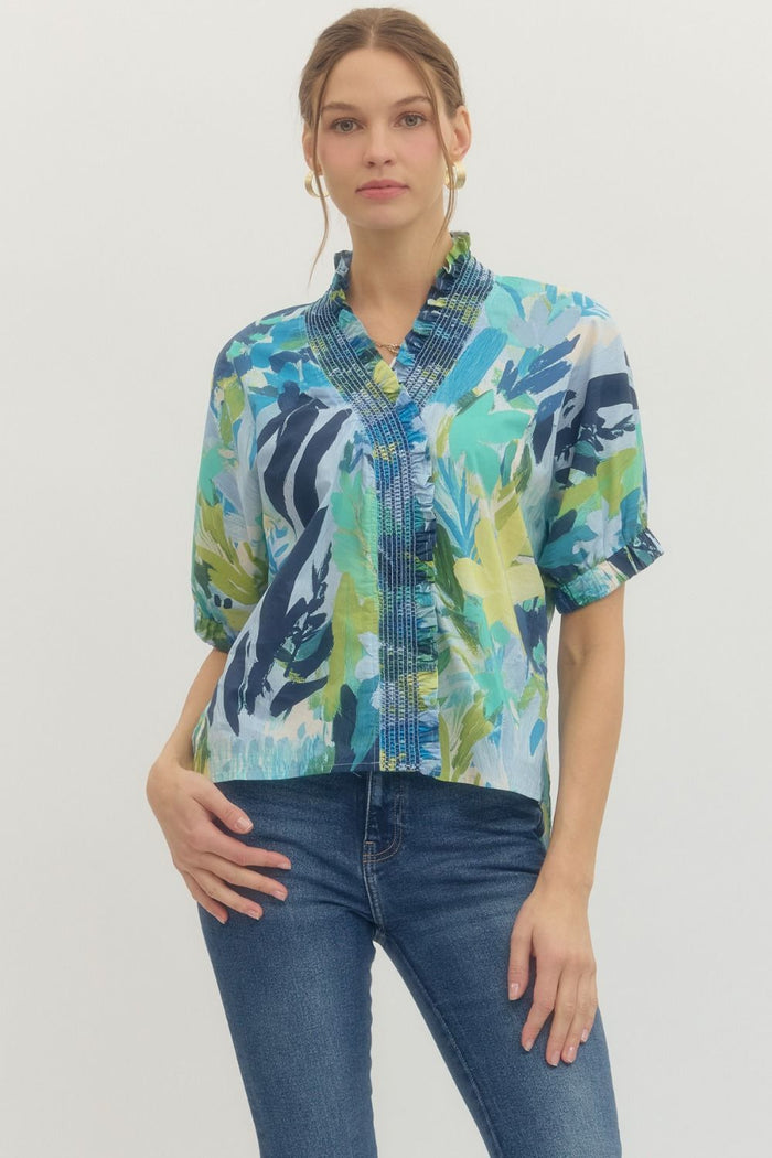 Periwinkle Blue Floral Short Sleeve Top | Lisa Entro