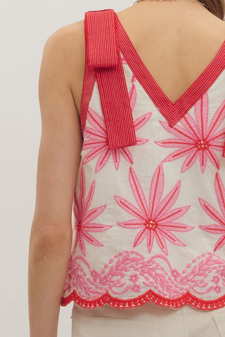 Red and Pink Embroidered Tank Top | Stassi Entro