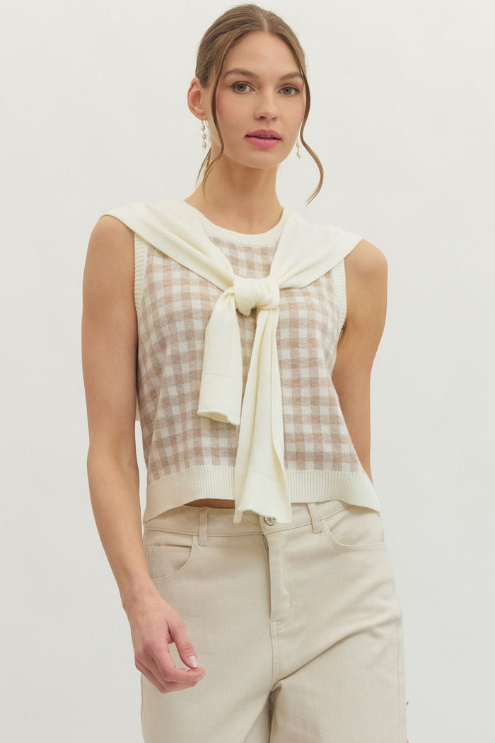 Oatmeal Check Print Top with Attached Shoulder Sweater | Ariel Entro