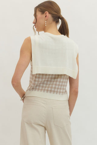 Oatmeal Check Print Top with Attached Shoulder Sweater | Ariel Entro