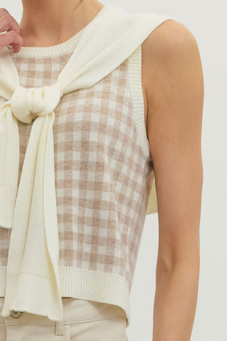 Oatmeal Check Print Tank Top with Attached Shoulder Sweater Detail