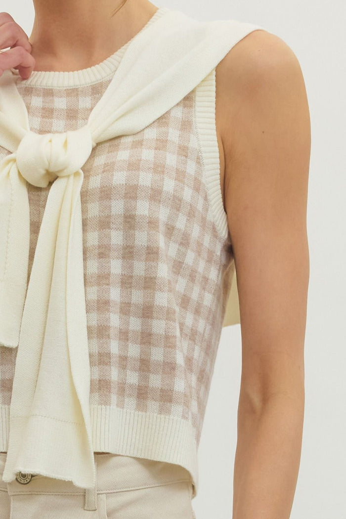 Oatmeal Check Print Tank Top with Attached Shoulder Sweater Detail