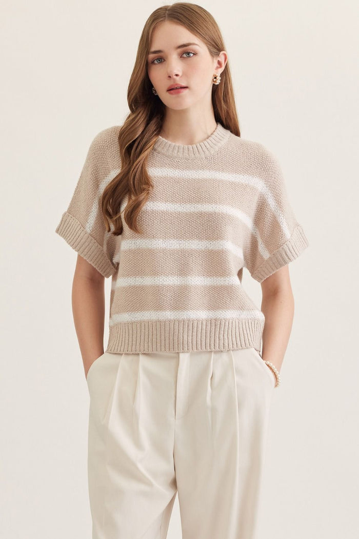 Oatmeal and Cream Stripe Short Sleeve Top | Carrie Entro