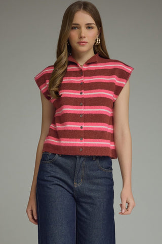 Burgundy and Pink Stripe Sleeveless Cardigan | Selena Entro
