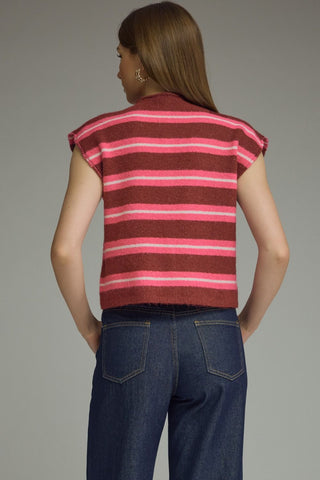 Burgundy and Pink Stripe Sleeveless Cardigan | Selena Entro