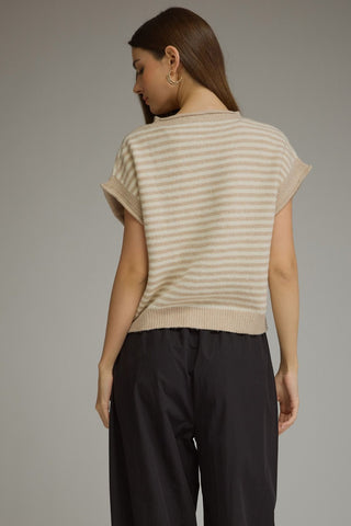 Taupe Stripe Sleeveless Cardigan | Leah Entro
