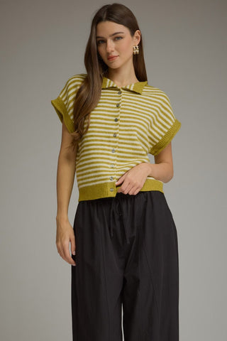 Chartreuse Green Stripe Sleeveless Cardigan | Charlie Entro