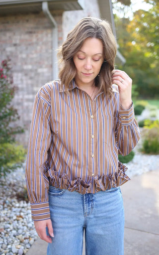 taupe and navy stripe top with hem detail