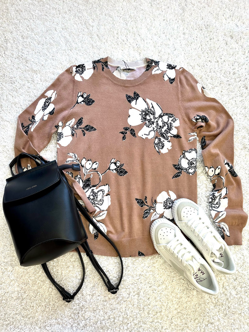 Mocha and Black Floral Print Lightweight Sweater | Boutique Elise | Macie Staccato