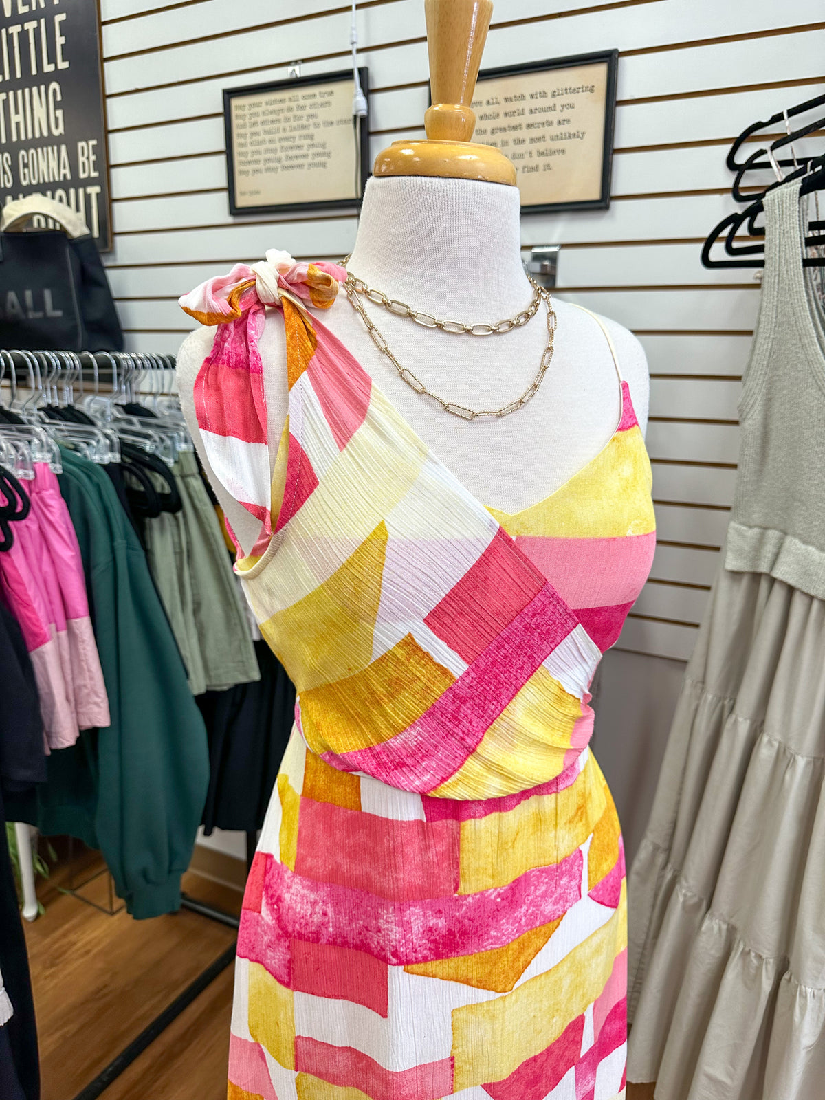 Pink and Yellow Print Tie Shoulder Dress | Boutique Elise | Gemma Gilli