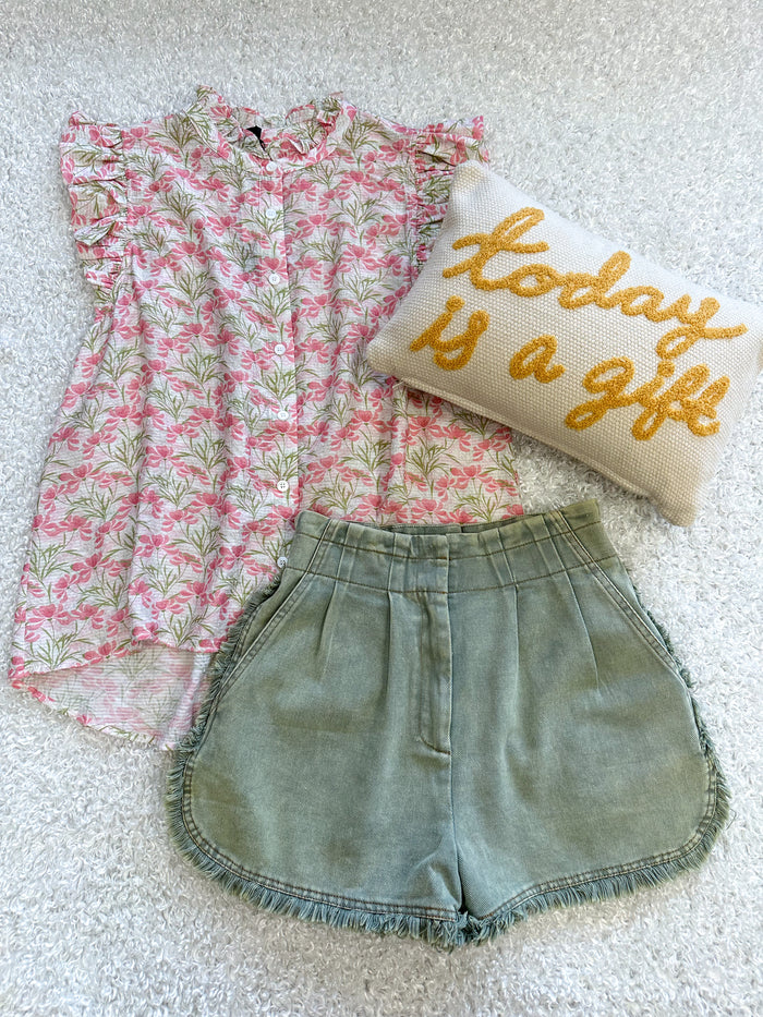 pink and green floral print tank top