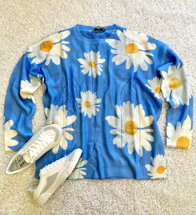 Bright Blue Flower Print Lightweight Sweater | Boutique Elise | Daisy Davi & Dani