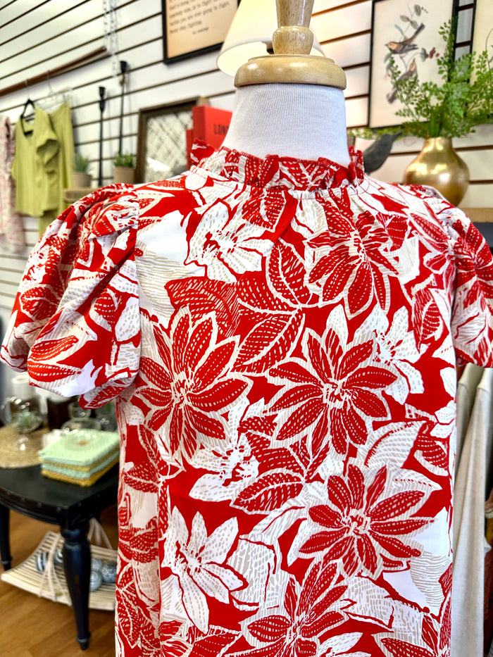 Red and Taupe Floral Print Top | Boutique Elise | Raya Entro