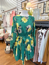 green and yellow floral print dress