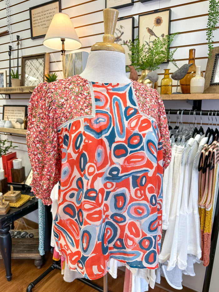 Red and Blue Mixed Print Short Sleeve Top | Boutique Elise | Toni fate