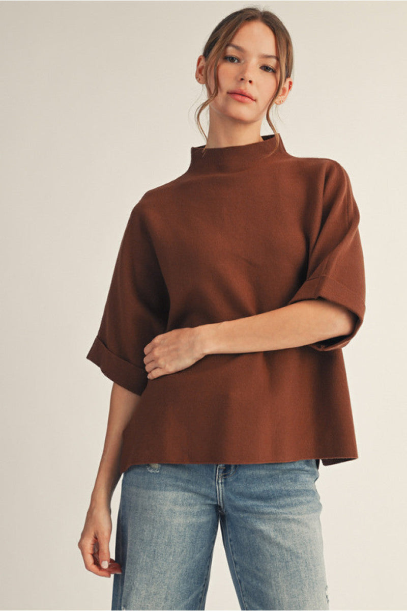 Brown Mock Neck 3/4 Sleeve Sweater | Hayden Jodifl