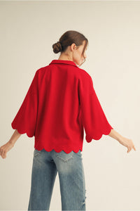 Bright Red 3/4 Sleeve Scallop Detail Top | Brielle Jodifl