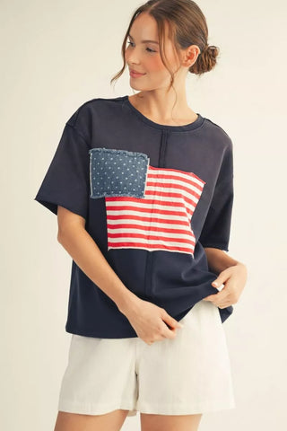 Navy American Flag Patchwork Short Sleeve Top