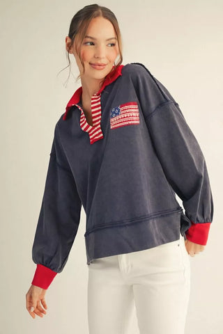 Navy with contrasting red hem sweatshirt with boho American flag patch
