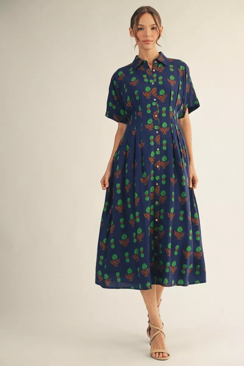 Navy and Green Pleat Waist Midi Dress | Nina Jodifl