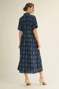 Navy and Green Pleat Waist Midi Dress | Nina Jodifl