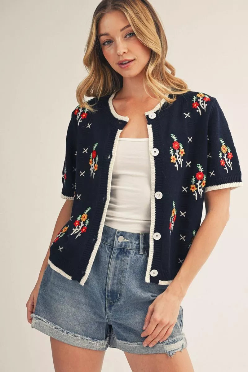 Navy and Floral Detail Short Sleeve Cardigan | Samantha Jodifl