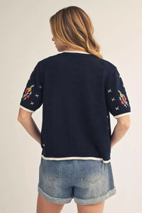Navy and Floral Detail Short Sleeve Cardigan | Samantha Jodifl