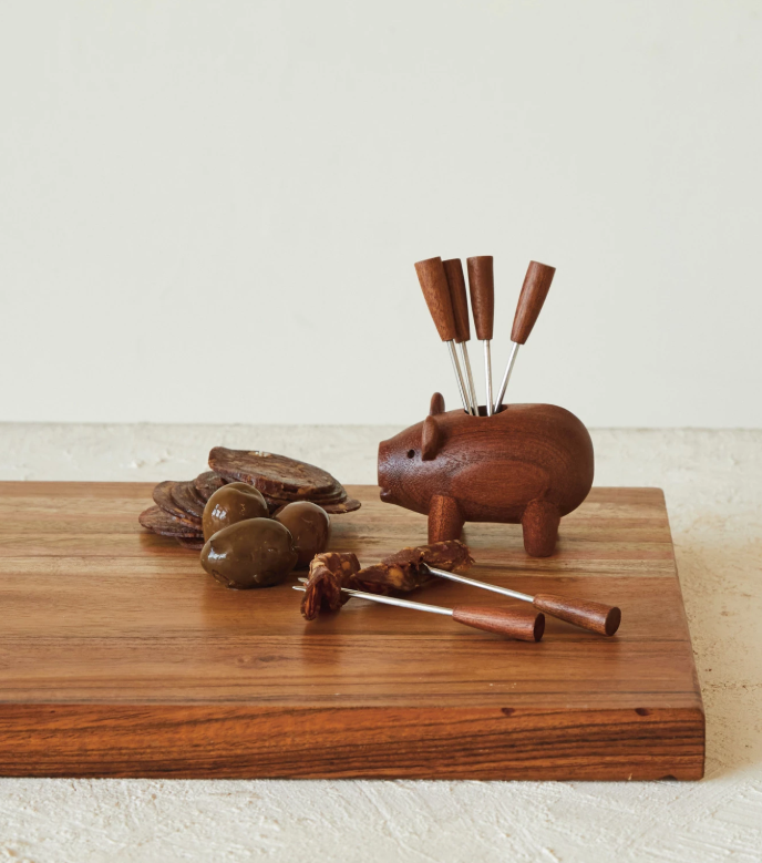 Wooden Pig Appetizer Fork Set Creative Co-op