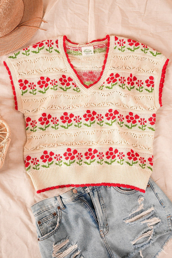 Red Flower Print Short Sleeve Top | Rachel Very J
