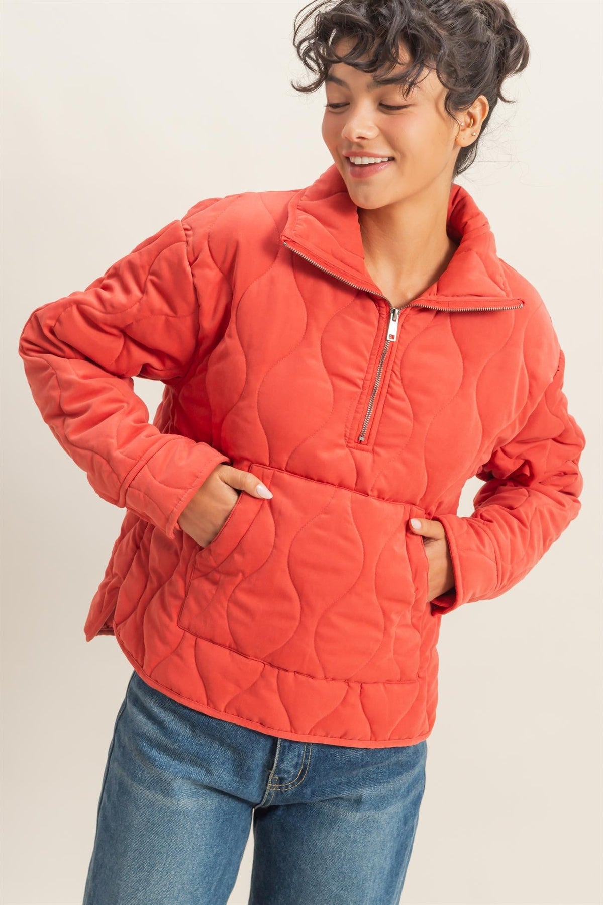 Red Quilted Puffer Quarter Zip Sweatshirt | Blair Hyfve