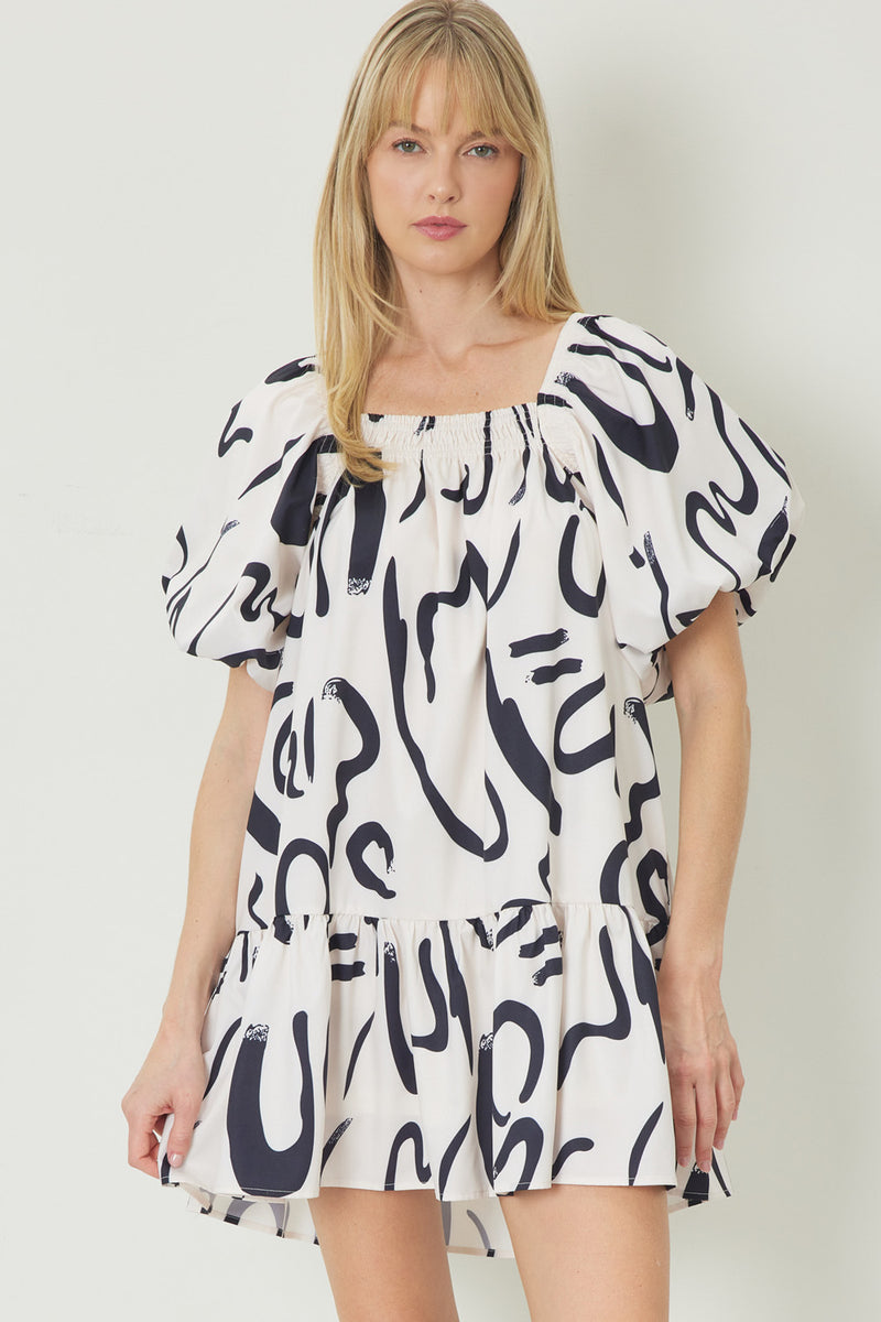 Cream and Black Abstract Print Dress | Boutique Elise | Caroline Entro