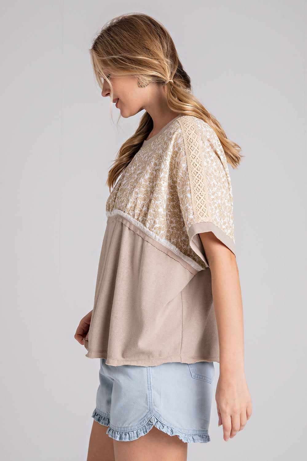Oatmeal floral print detail boho top