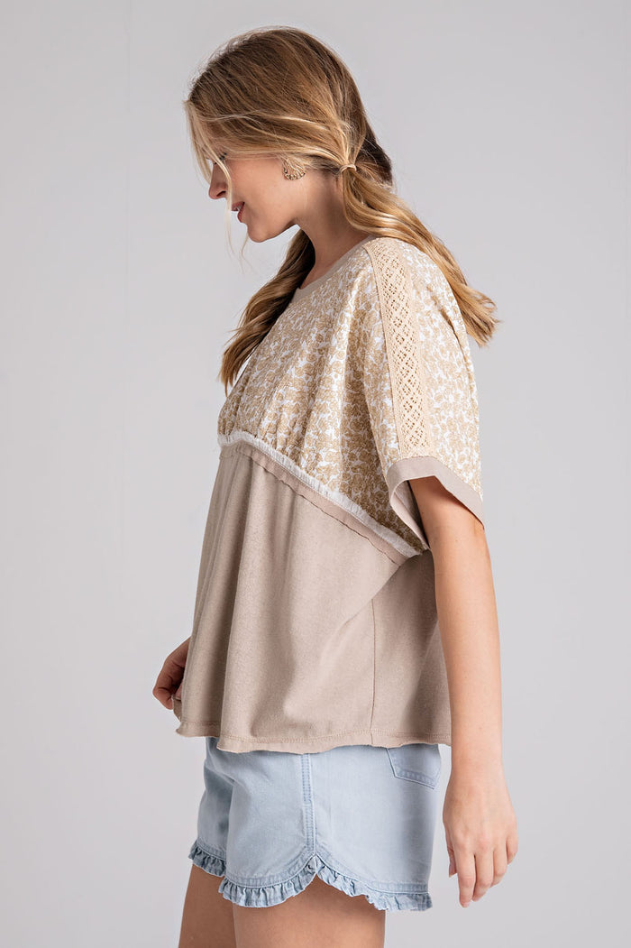 Oatmeal floral print detail boho top